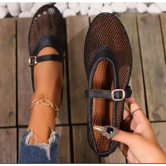 Women’s Black Mesh Mary Jane Flats Buckle Straps - Picture 2 of 13